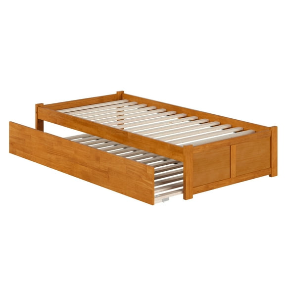 Twin XL Platform Bed with Trundle - Solid Wood Frame & Footboard - Light Toffee Finish