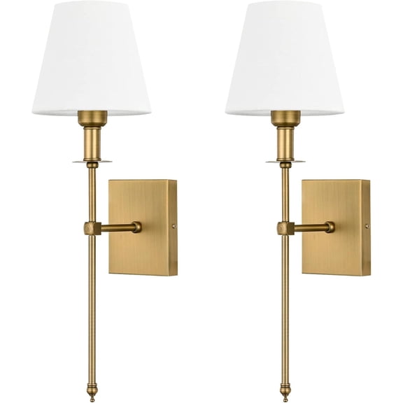 Slim Wall Sconces Set of 2 White Fabric Shade Hardwired Indoor Light Column Stand Bedroom Wall Lamp Bathroom Vanity Light Fixture, Antique Brass