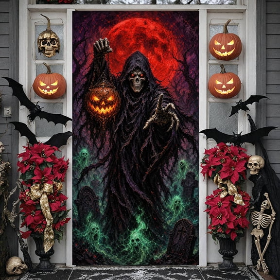 Halloween Grim Reaper Door Cover 90x180cm Red Blood Moon Ghost Graveyard Door Banner Scary Front Door Halloween Decorations