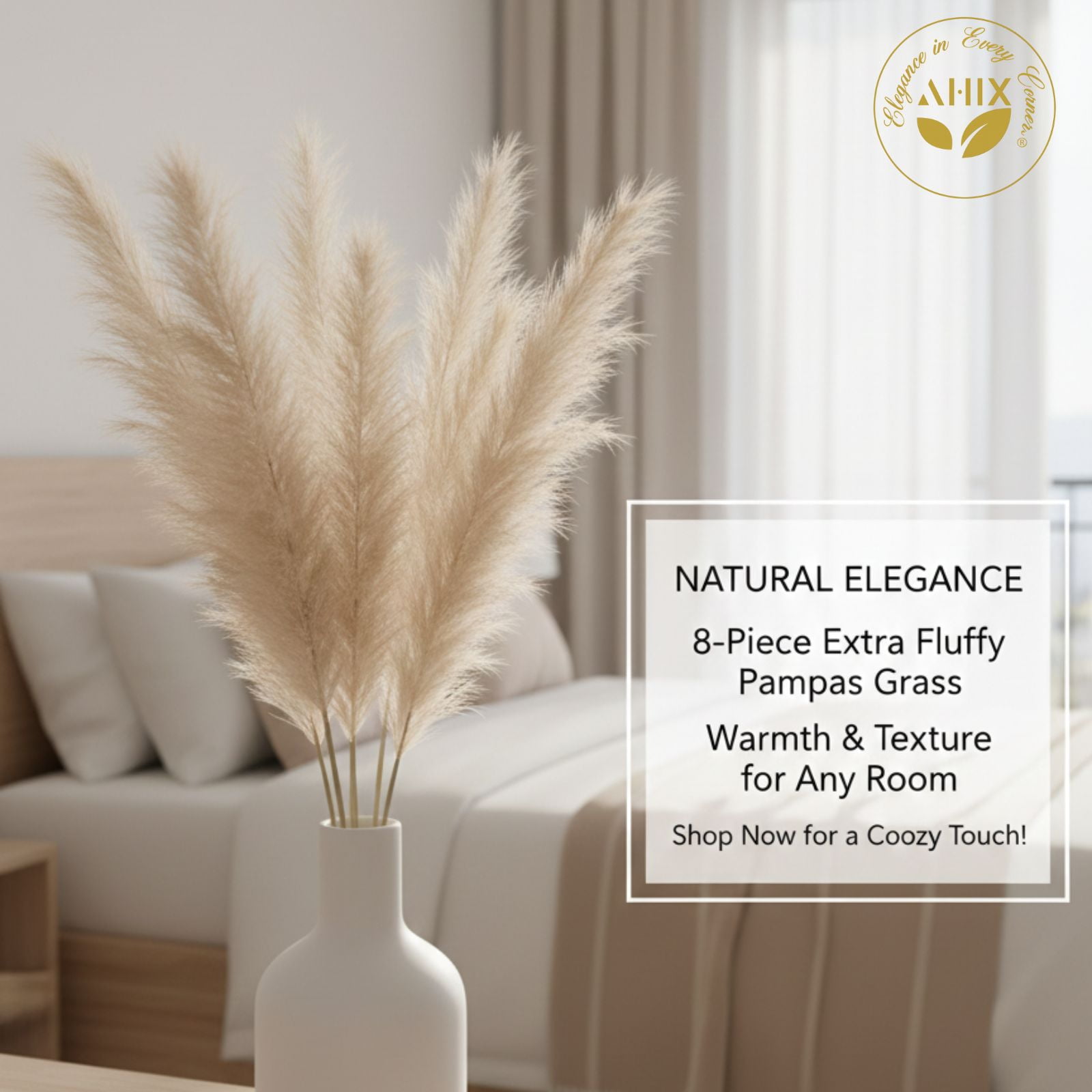 AHIX Faux Pampas Grass, 38-Inch Beige Artificial Flowers, Boho Home Décor (8 Pieces)