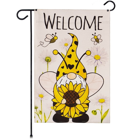 G128 Garden Flag Welcome Bee Gnome with Sunflower 12"x18" Blockout Fabric