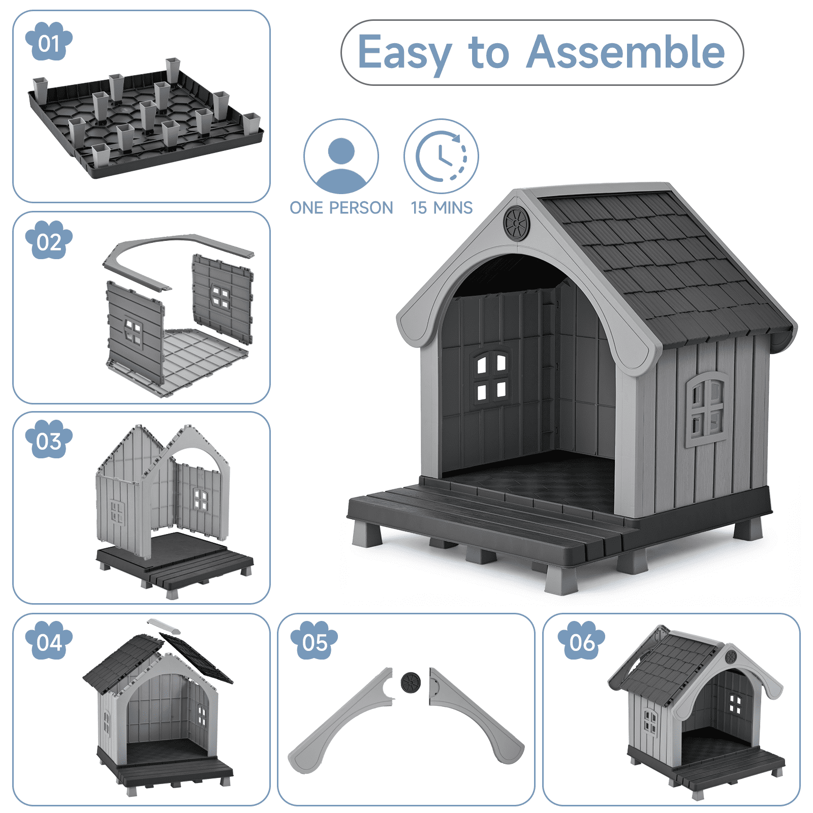 Dovov Plastic Dog House with Elevated Floor and Air Vents, Waterproof Doghouse Indoor Outdoor Dog Kennel with Porch, Large Puppy Shelter, Black Gray