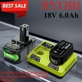 thumbnail image 2 of 18V 6.0Ah Li-ion Rechargeable 2pcs Battery+Charger ， Ryobi ONE+ cordless Power Tool BPL1820 P108 P109 P106 P105 P104 P103 RB18L50 RB18L40, 2 of 10