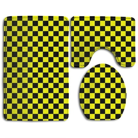 CHAPLLE Checkerboard Yellow And Black Grid 3 Piece Bathroom Rugs Set Bath Rug Contour Mat and Toilet Lid