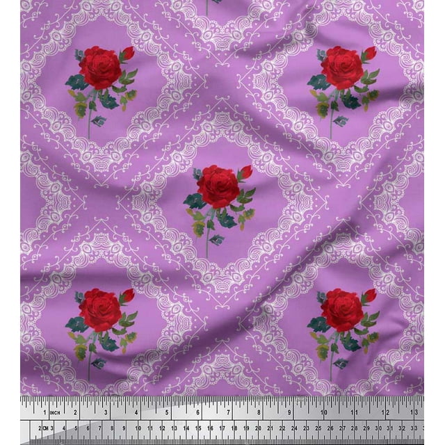 Soimoi Tissu Popeline de Coton à Carreaux, Feuilles & Roses Imprimé Floral 1 Yard 56 Pouces de Large