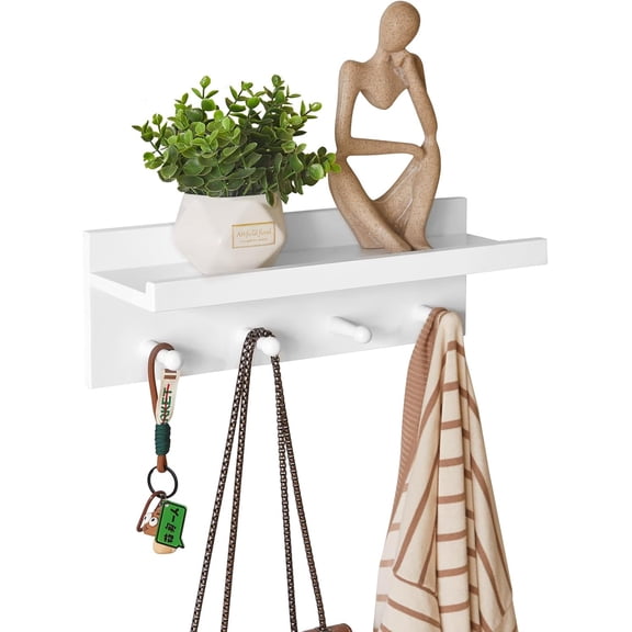 Wood Coat Hook with Wall-Mounted Shelf,15.75in Entryway Wall Hanging Shelf, for Bathroom, Kitchen, Coat Towel Key Organizer White