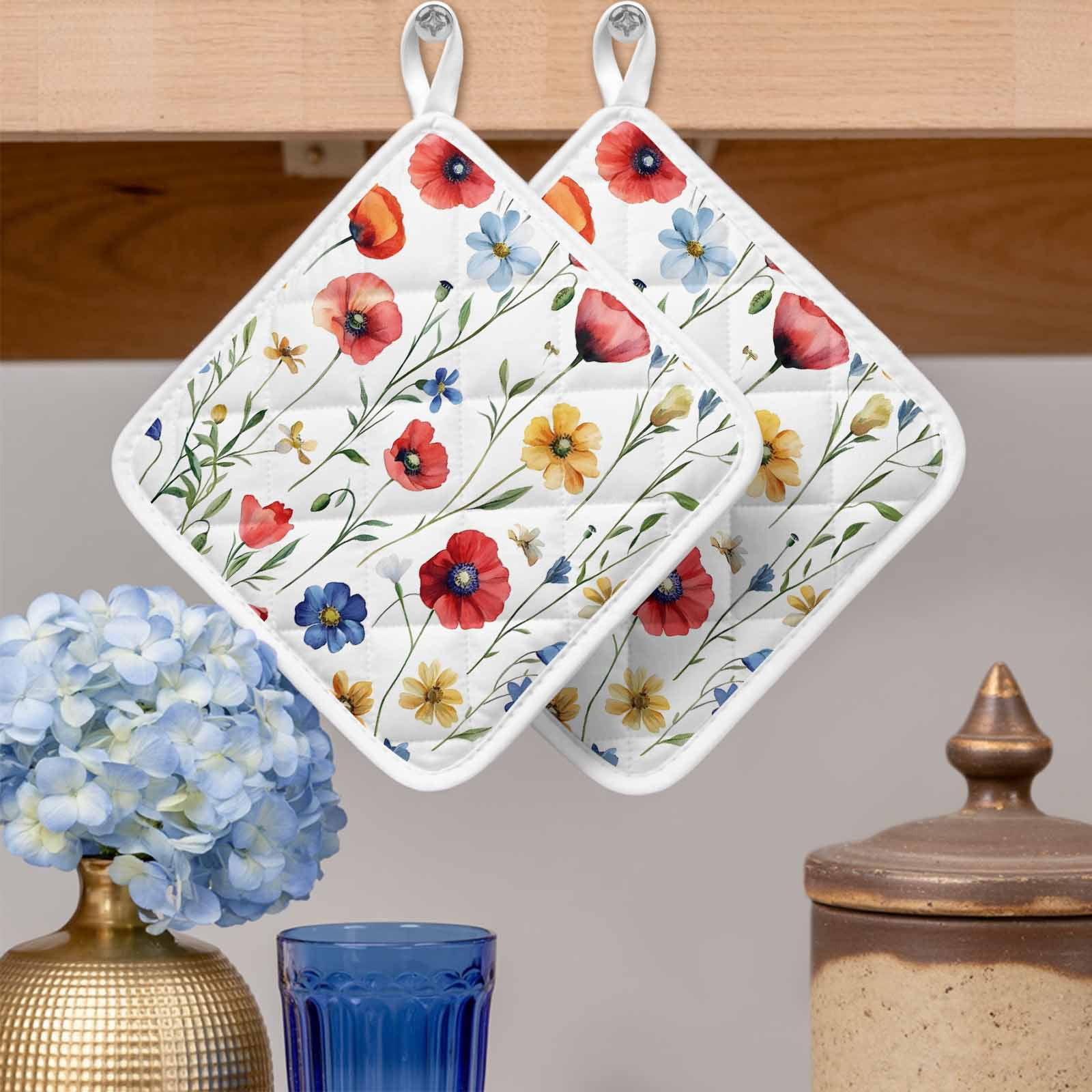 Pink Colorful Poppy Pot Holders for Kitchen Heatproof Potholder, 5 Pack Spring Pastoral Flowers Leaves Hot Pads Multipurpose Oven Pads Cloth Potholders Trivet for Cooking Baking