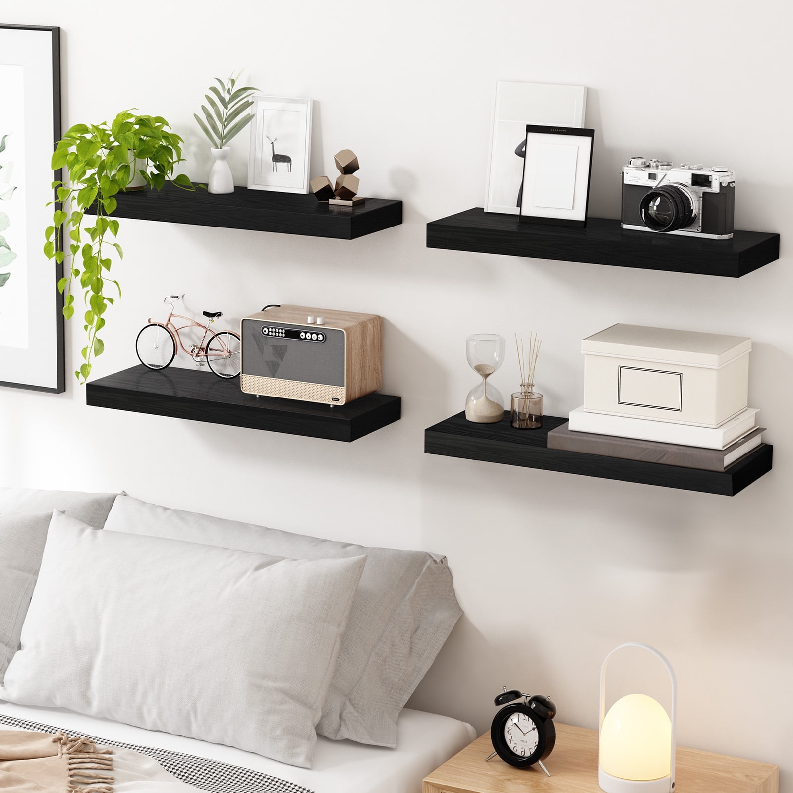 Fairy 15.8in Floating Shelves, Set of 6 Wood Shelves, Farmhouse Shelf Wall Decor, Black