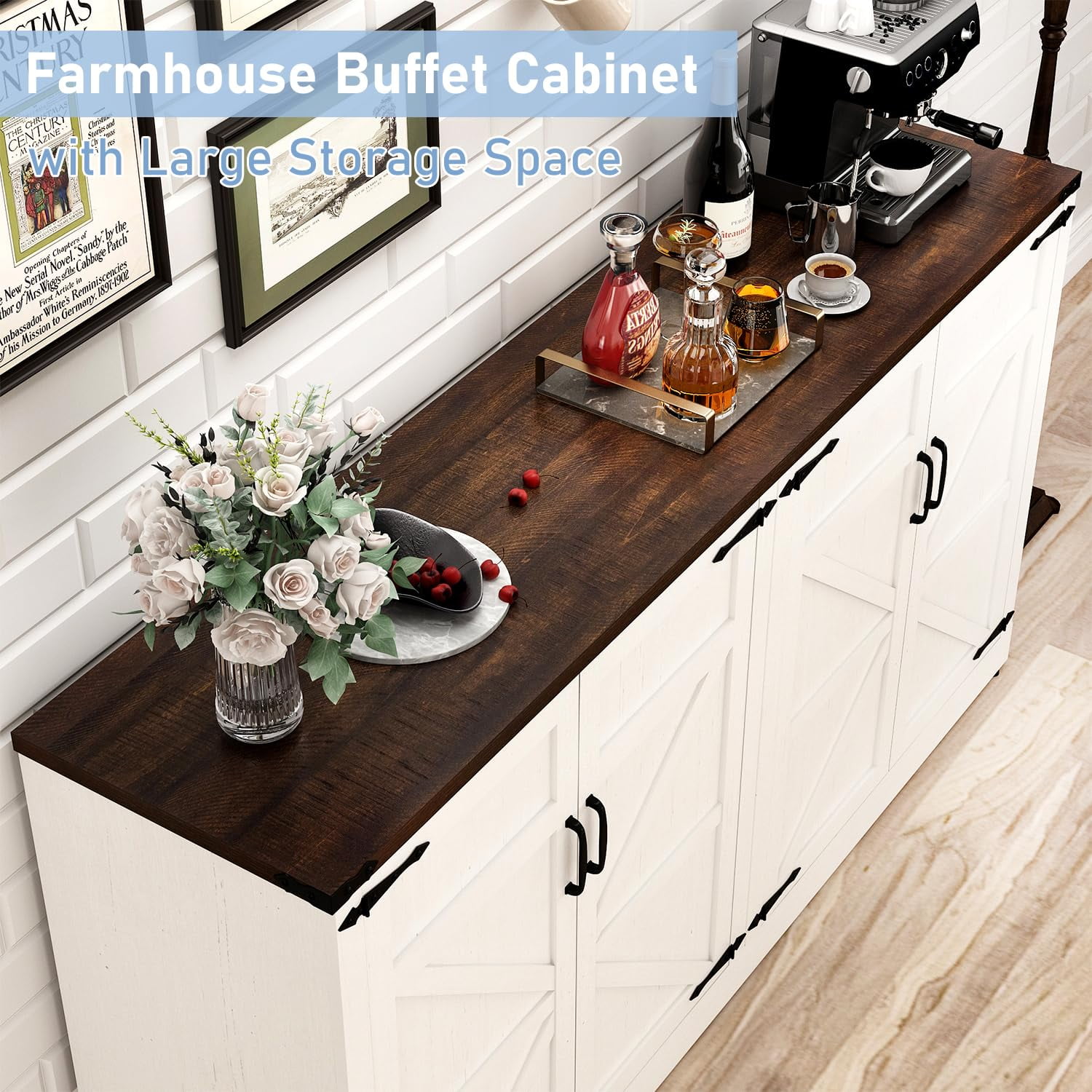 ChVans 65" Farmhouse Kitchen Buffet Cabinet with 4 Barn Doors, 34" Tall Wood Sideboard Credenza with Storage and Adjustable Shelves for Kitchen, Dining Room, Living Room, White-Brown