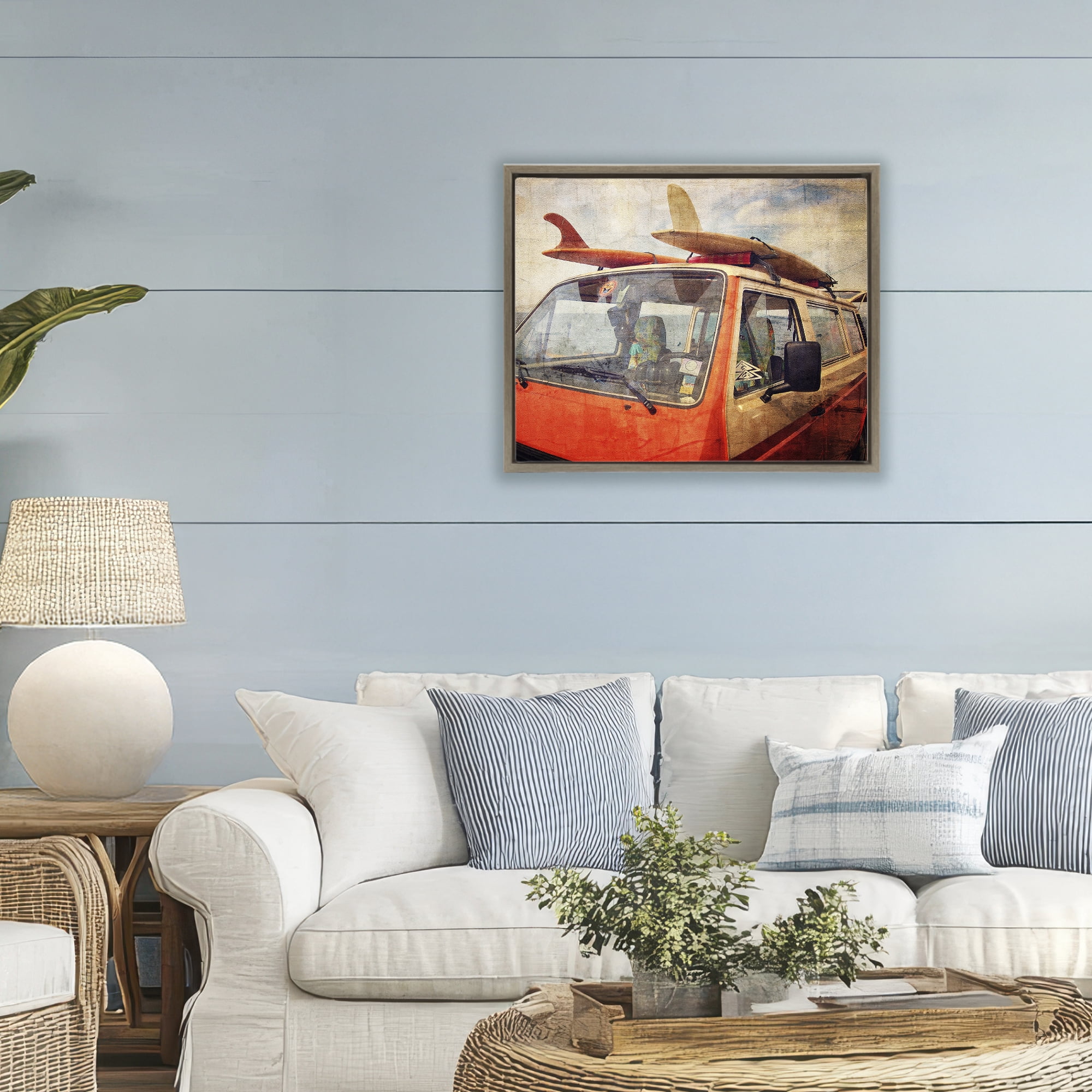 Stupell Industries Surf Bus Vintage Distressed Brown Framed Floater Canvas Wall Art, design by Grotto Studios