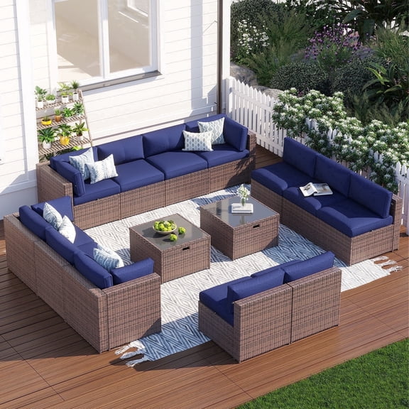Clouddwell 14 Piece Patio Furniture Set Wicker Rattan Patio Conversation Set Outdoor Sectional Sofa Set with Coffee Table and Blue Cushions