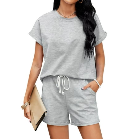 

HUBERY Women Crew Neck Short Sleeve Solid Color Pocket Tie Waist Sleepwear Set