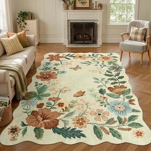Moynesa 5'x7' Floral Living Room Rugs, Scalloped Area Rugs 5x7ft Rug for Bedroom Ultra-Thin Soft Rug, Non-Slip Washable Rugs Stain Resistant Boho Rug Low-Pile Throw Rug for Dining Room Office,Beige