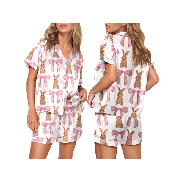 Conjunto de dos piezas Tsseiatte para mujer, con camisa abotonada de manga corta y pantalones cortos con estampado de lazo, ropa de dormir