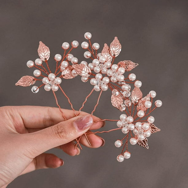 Accesorios para el cabello de flores para mujeres y niñas, horquillas para el cabello de novia con perlas (paquete de 3) (oro rosa)