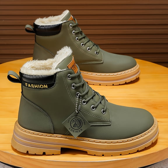 Men's Heavy-Duty Short Snow Boots with Traction Tread - PU/Fabric Upper & PVC Sole, Winter-Ready Booties for Ice, Snow, Mud - Lace-Up Round Toe Casual Boots - Cushioning, Durable Outdoor Footwear