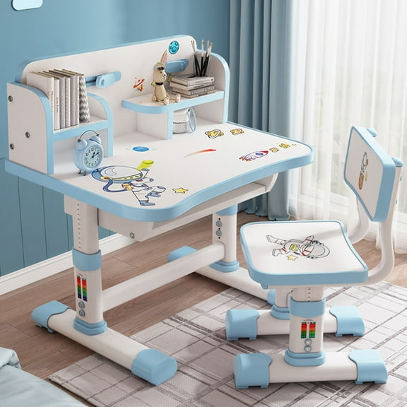 AQSQ Kids Desk and Chair Set, Height Adjustable Functional Children Study Table , School Workstation Ergonomic Writing Desk with Storage Drawers, Bookstand