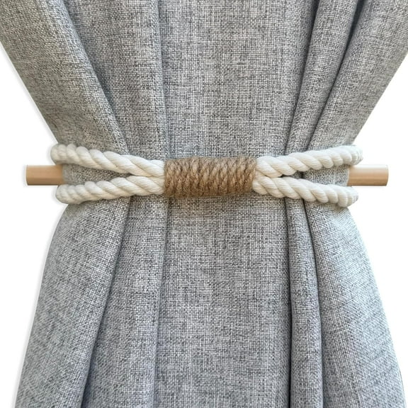 Curtain Tiebacks Rustic Holdbacks for Drapes, Farmhouse Tie Backs for Curtains, Cotton Jute Rope with Wood Club, Natural Boho Decor Shabby Chic Drapery Holder, Pack-2