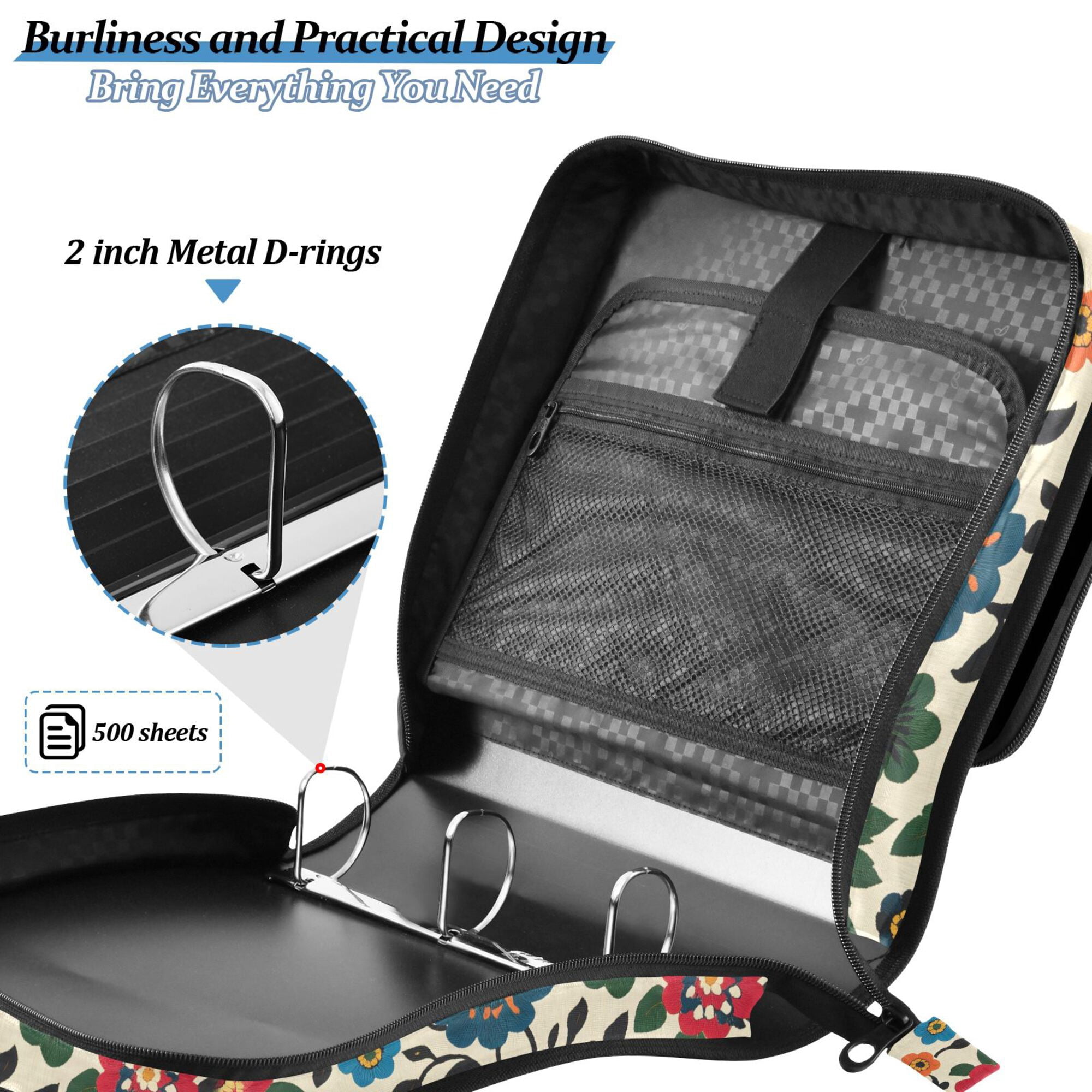FORMRS Zipper Binder with Shoulder Strap 2-inch Ring 500 Sheet Capacity File Bag, Vibrant Floral