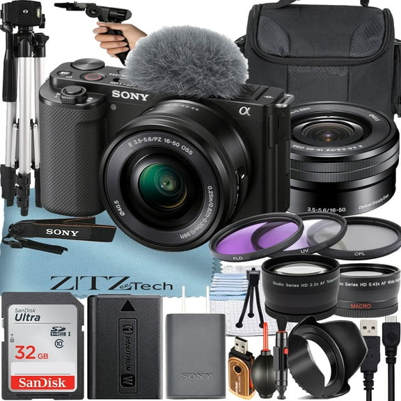 Sony Alpha ZV-E10 Mirrorless Vlog Camera with 16-50mm Lens   32GB Memory Card   Filter Kit   Tripod   Case   ZeeTech Accessory Bundle (Black)