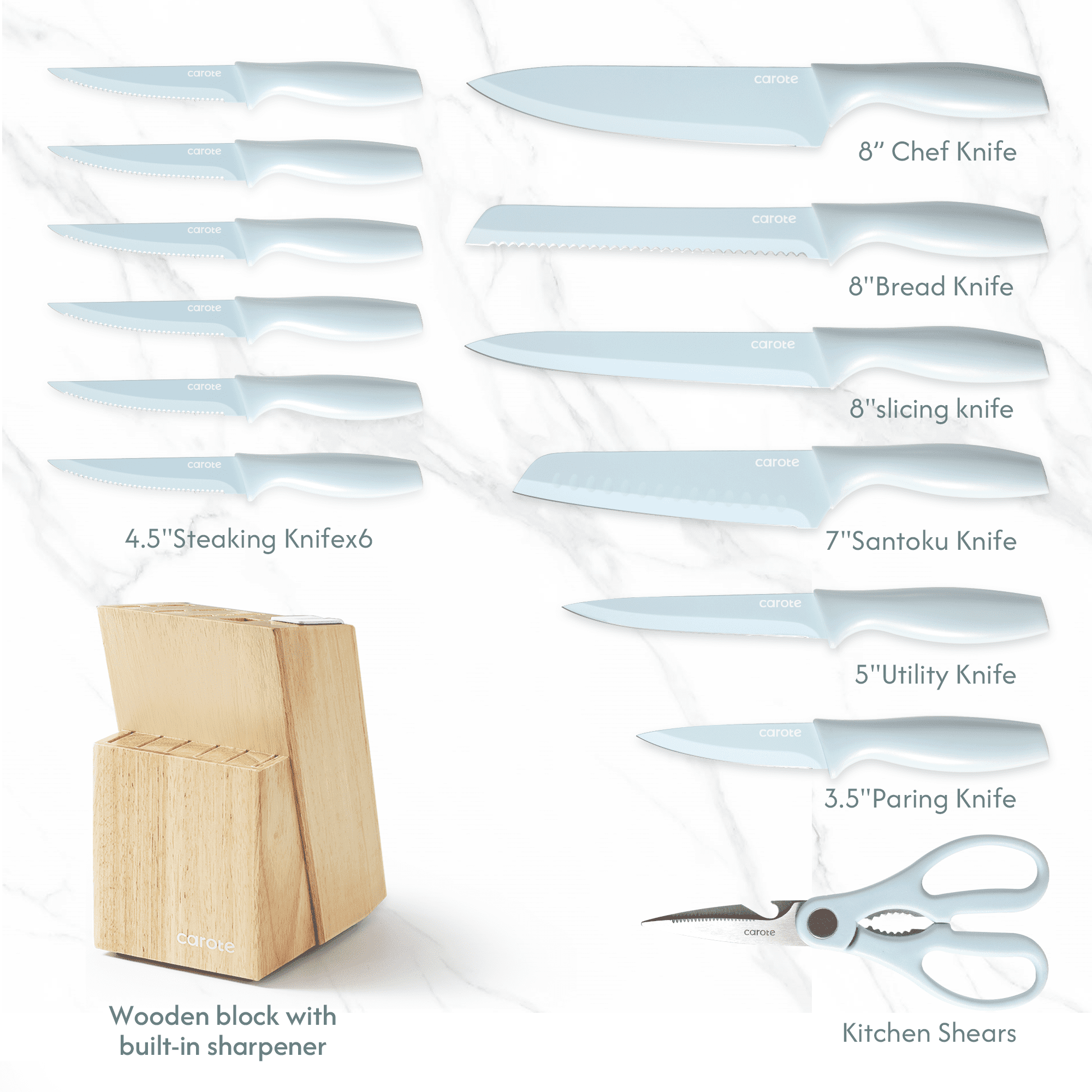 Carote 15-Piece Premium Kitchen Knife Set, Blue Ceramic-Coated Blades with Stylish Wooden Block