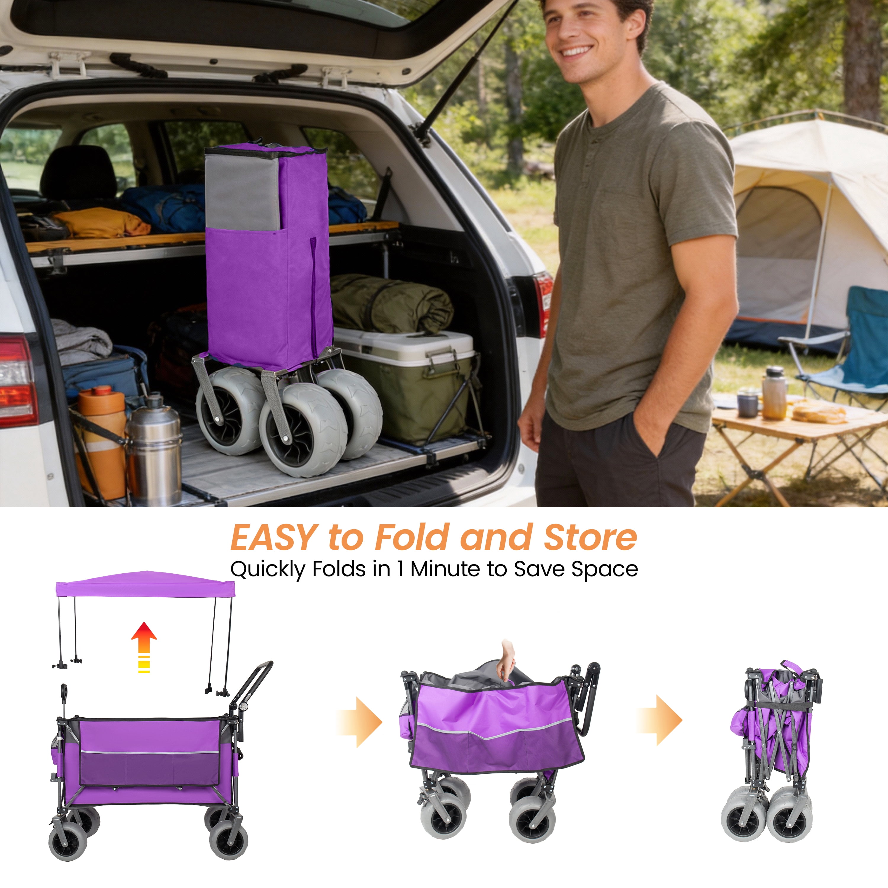 Multi-Functional Push-Pull Folding Wagon Cart with Rotating Handle & Removable Canopy, All-Terrain Beach Tires, 300L Large Capacity Collapsible Utility Cart for Camping, Groceries, Outdoor Use