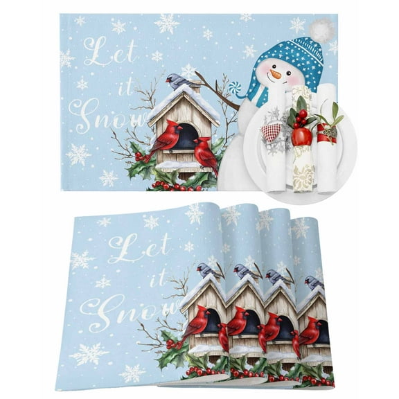 Christmas Placemats Set of 6, Cardinal Bird Snowman Place Mats Snowflakes Holly Berry Blue Placemat Table Decoration for Kitchen Table Dinner Xmas Holiday Party Home Decor Indoor Outdoor 13x19 Inch