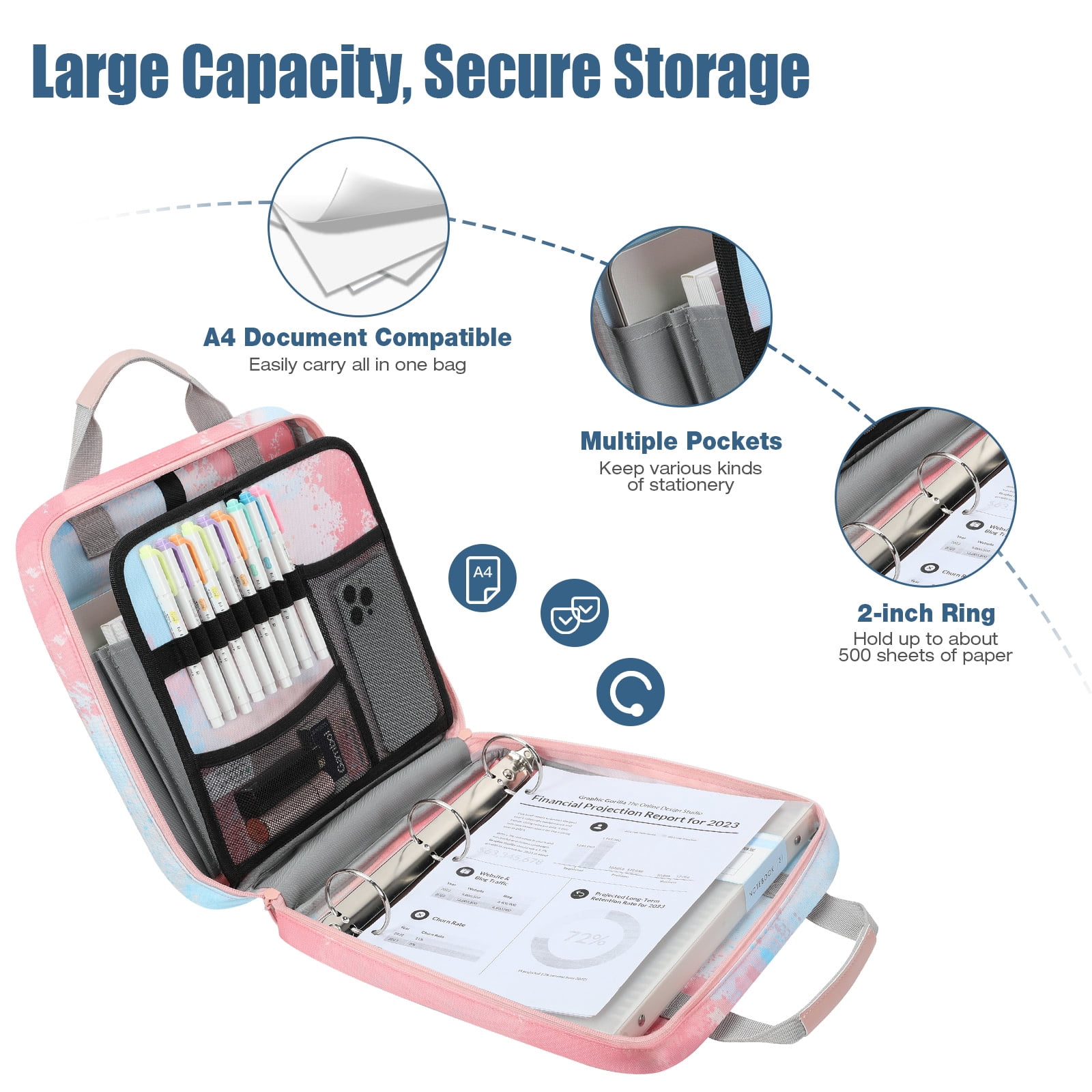 MoKo Zipper Binder, 2 in 3 Ring Binder with Zipper, 500 Sheet Capacity Binder with Shoulder Strap Handle for Middle School Supplies, Orange Pink