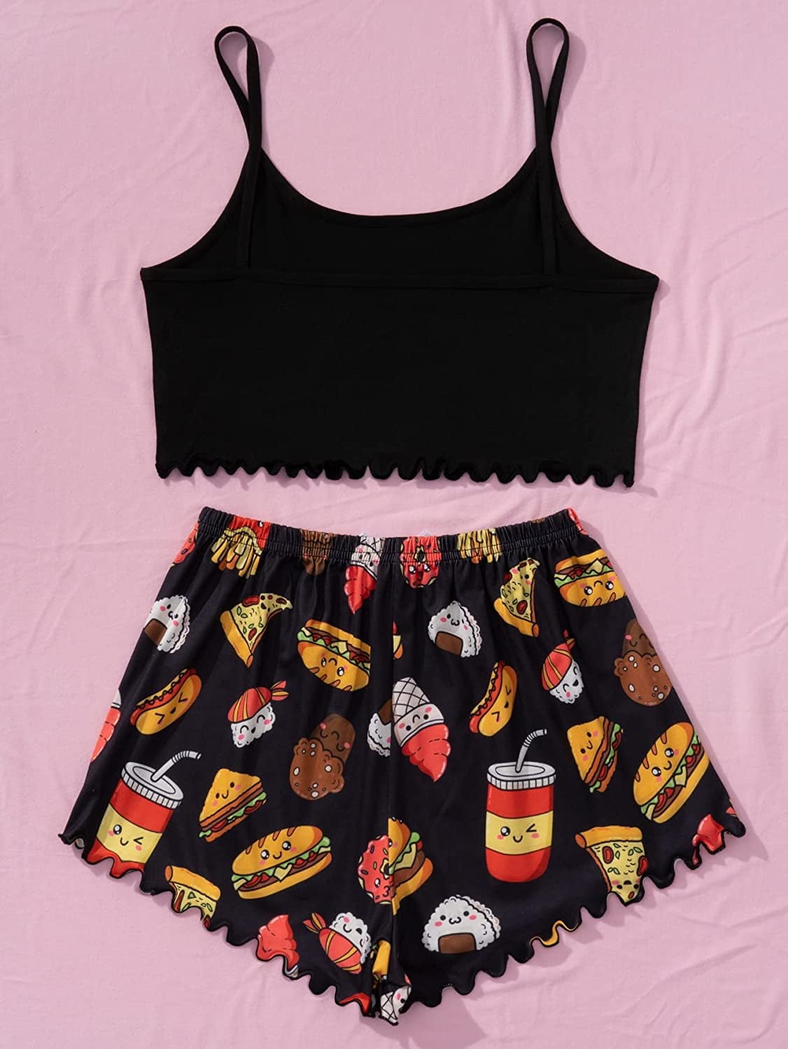 WDIRARA Women's Sleepwear Cute Print Lettuce Trim Cami and Shorts
