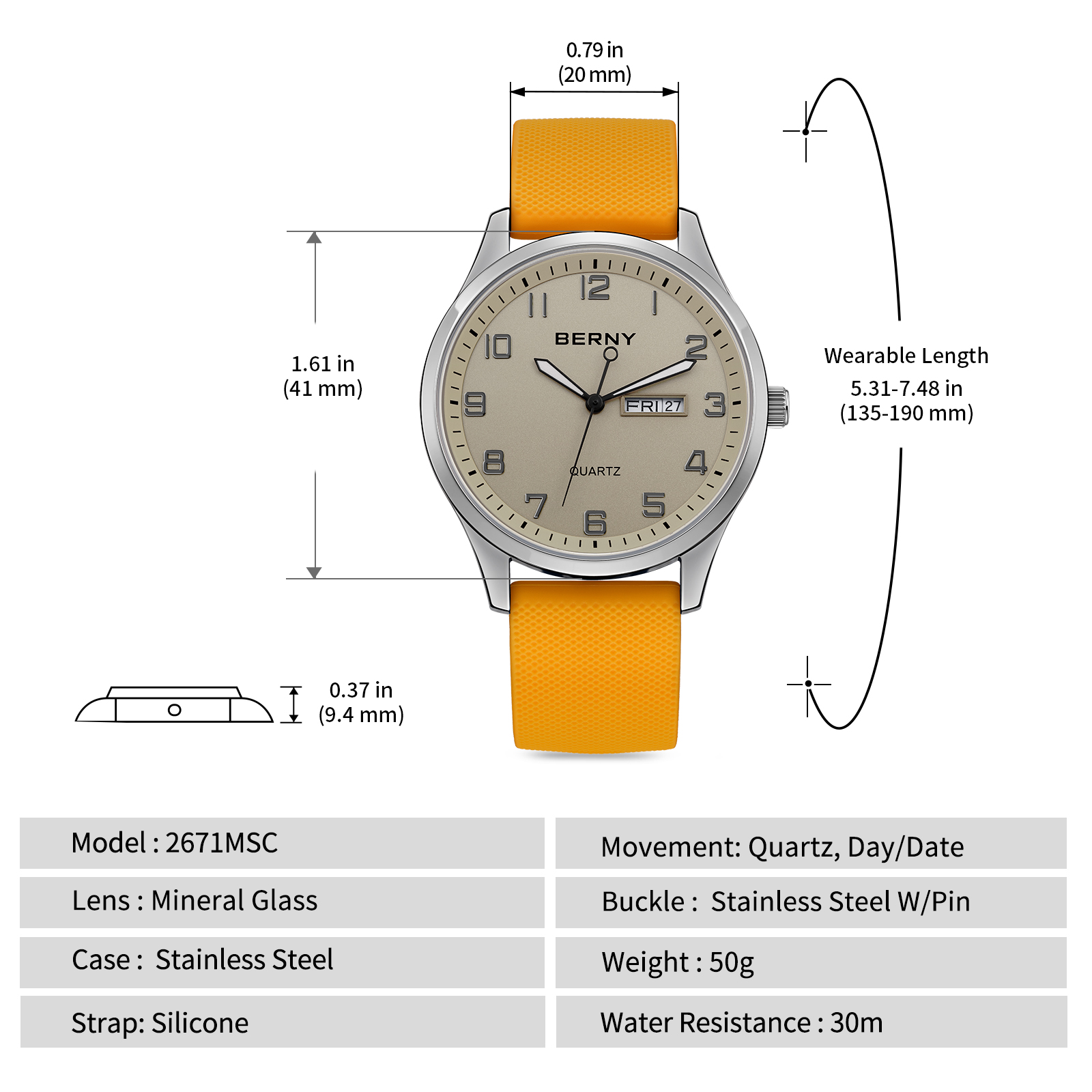 BERNY Modern Quartz Watch for Men Casual Easy Read Wristwatch with Arabic Numeral Watch Dial, Silicone Strap and Day & Date Calendar-Gray Dial