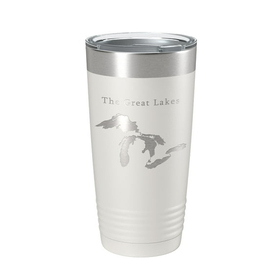 The Great Lakes Map Tumbler Travel Mug Insulated Laser Engraved Coffee Cup Superior Michigan Huron Erie Ontario 20 oz White