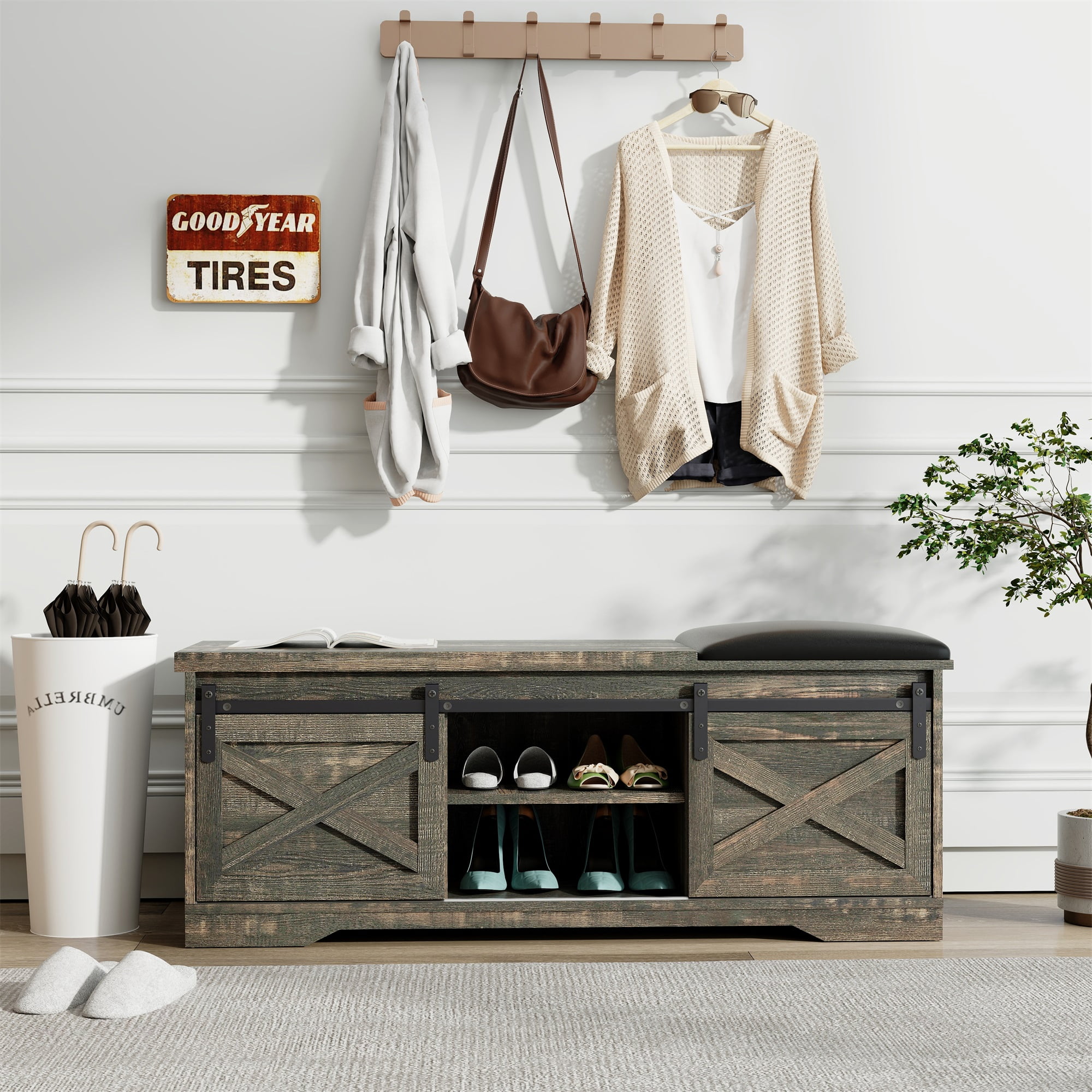 Spaco 47" Shoe Bench Rack with Storage Entryway Storage Bench with Padded Seat, Shoe Oiganizer for Bathroom, Old Pine Spaco 47" Shoe Bench Rack with Storage Entryway Storage Bench with Padded Seat, Shoe Oiganizer for Bathroom, Old Pine