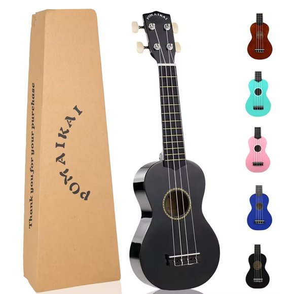 Ukelele POMAIKAI Soprano de madera con cuerdas de nailon, 21 pulgadas, color negro