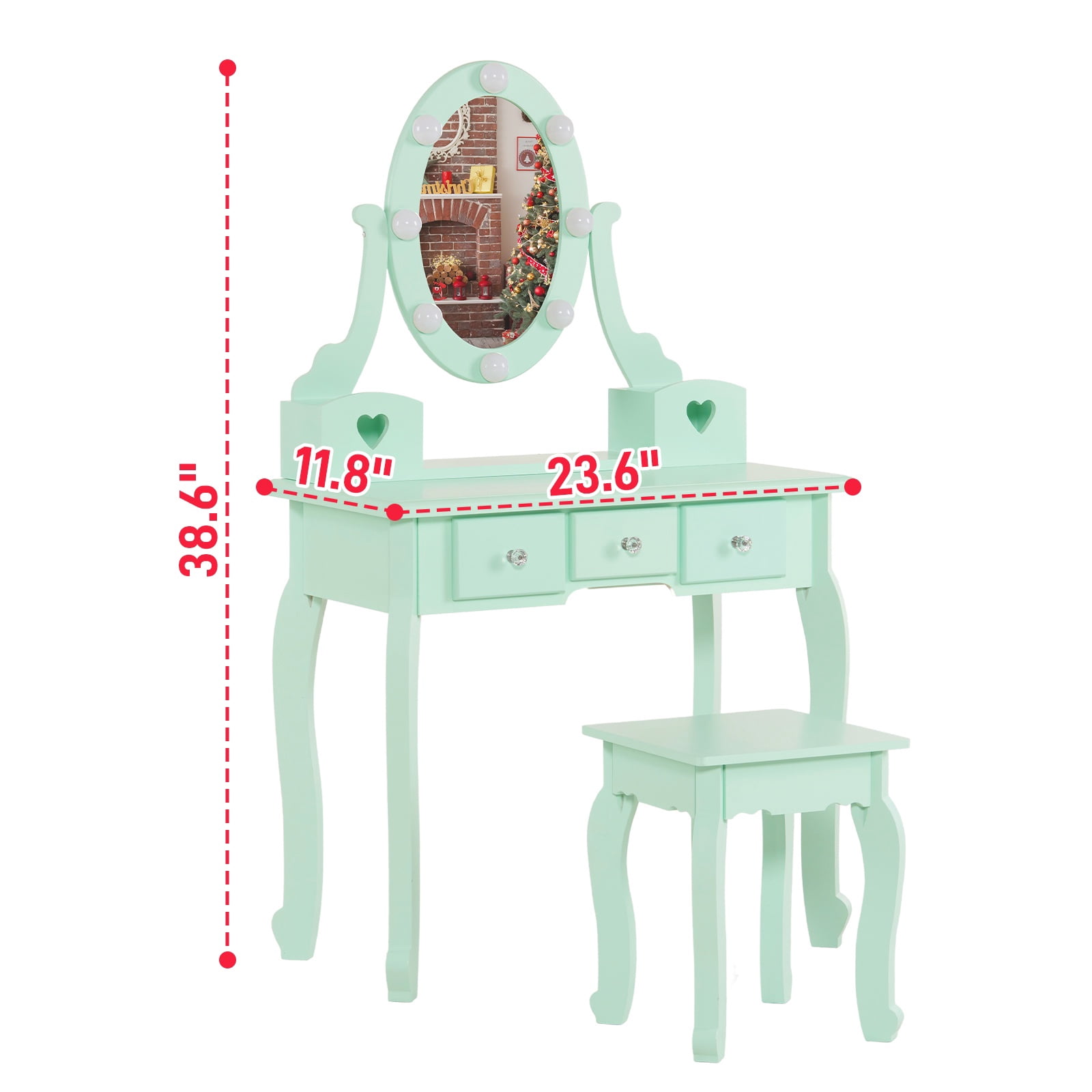 PAPROOS Kids Vanity Set with Mirror and Stool, Wood Pretend Play Princess Makeup Dressing Table with 3 Color LED-Light and 5 Storage Drawers, Girls Small Vanity for Little Girls, Macaroon Green