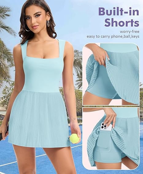 JoyGirl Womens Square Neck Tennis Dress Pleated Sleeveless Golf Dress with Built in Shorts Athletic Dresses with Pockets