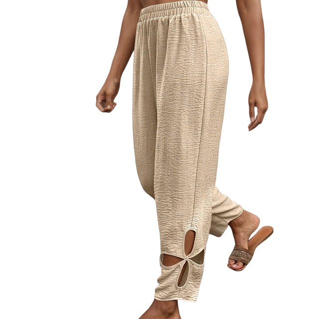 Pantalones casuales de color liso con bolsillos laterales y aberturas para mujer - Pierna recta holgada con abertura floral en el bajo para primavera, verano y otoño