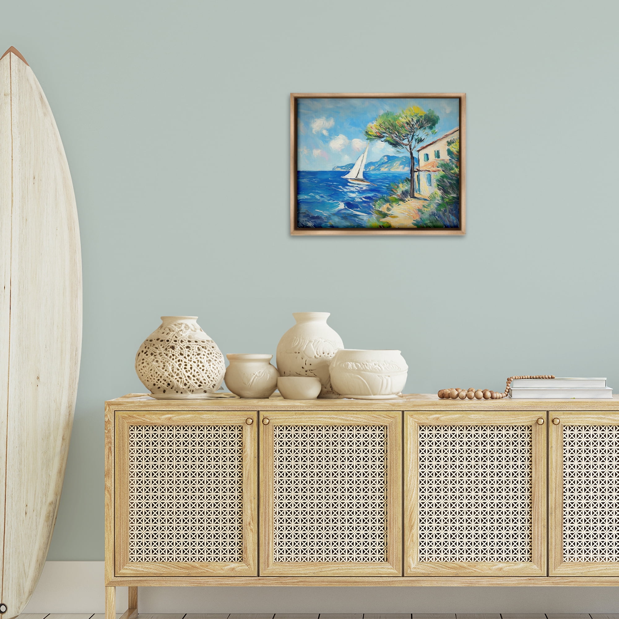 Stupell Industries Sailboat & Beach Villa Coastal Painting Brown Floater Framed Canvas Art Print Wall Art, 21 x 17