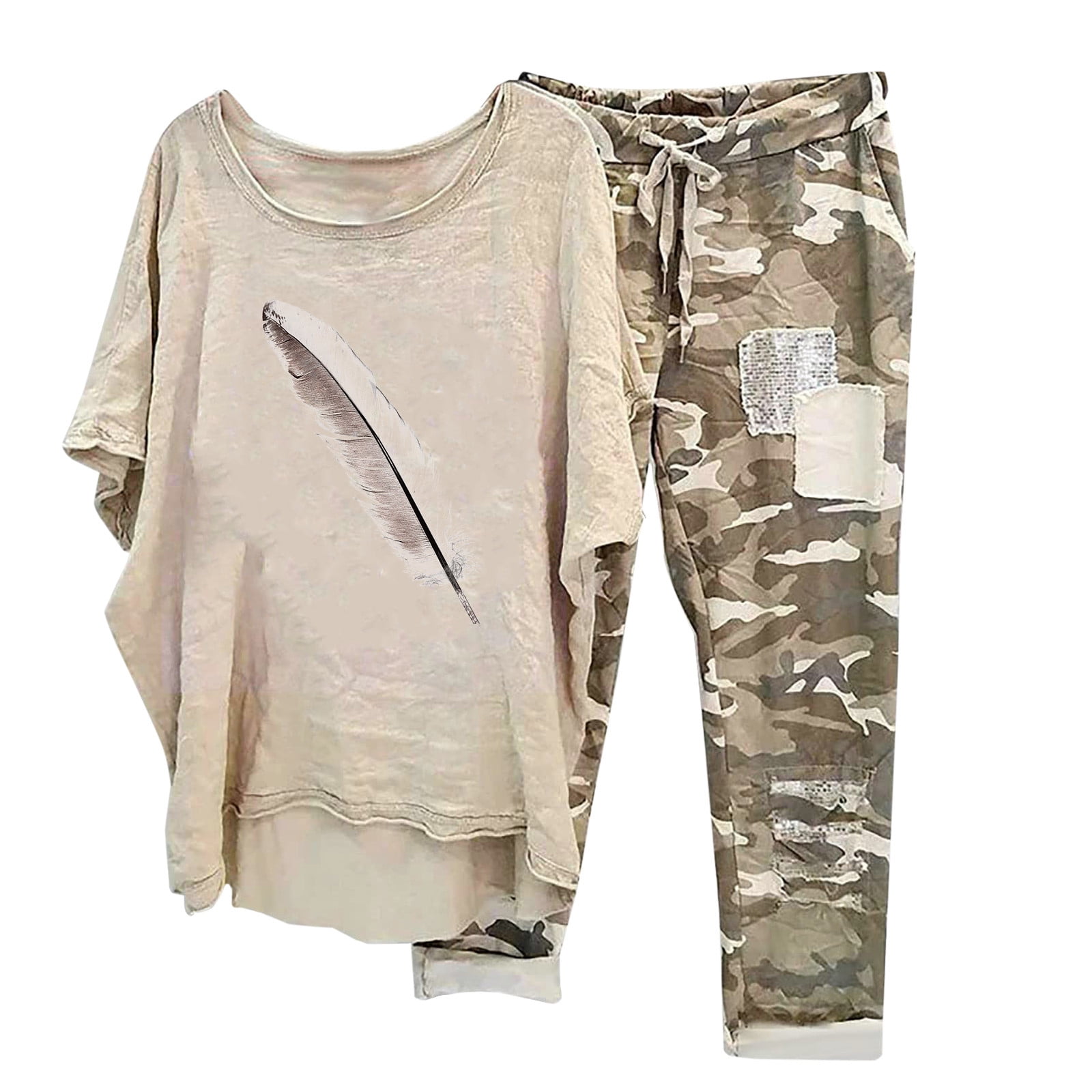 lcziwo Capri Sets Women 2 Piece Outfits 2024 Womens Linen Sets Two Piece Casual Oversized Half Sleeve Feather Print Shirt and Camo Capri Pants Summer
