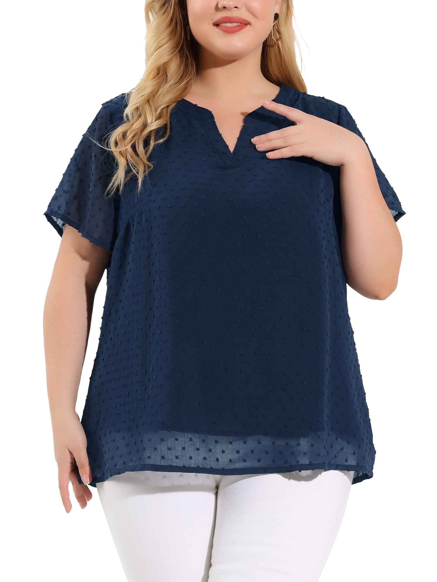 Unique Bargains Women's Plus Size Outfits Fashion Solid Pin Dots V Neck Top 3X Navy Blue