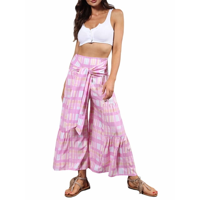 VISgogo Pantalones casuales de playa para mujer, pantalones anchos de cintura alta con vendaje delantero, S/ M/ L/ XL VISgogo moda