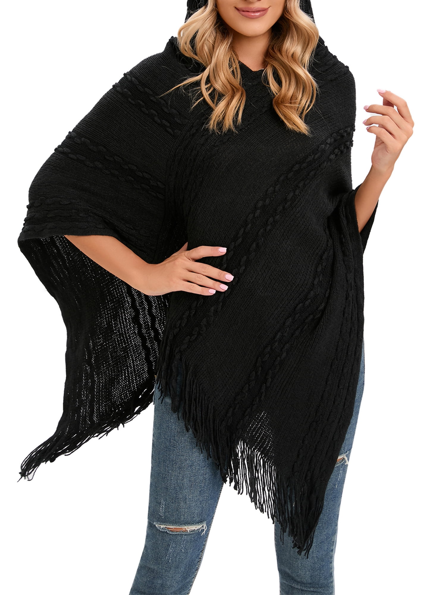 SAYFUT Womens Hooded Poncho Sweater V Neck Striped Pullover Soft Scarf Wrap  Solid Knit Pullover Cape with Fringes, One Size 