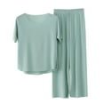 thumbnail image 2 of Lxkfashion Clearance Cotton Pajamas for Women Set Green Womens 2 Piece Outfits Summer Casual Loose Short Sleeve Pullover Tops & Wide Leg Pants Sets Tracksuit New, 2 of 6