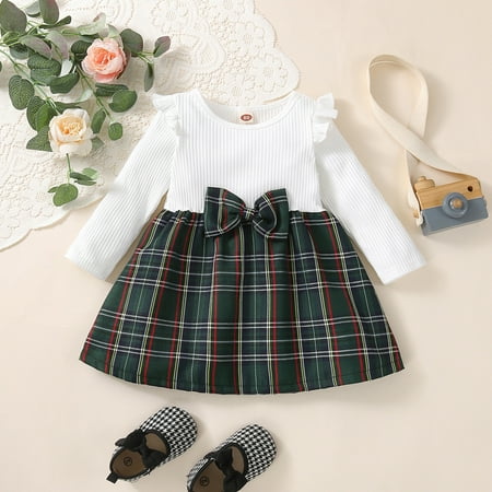 

Toddler Kids Girls Long Sleeve Ribbed Plaid Princess Dress