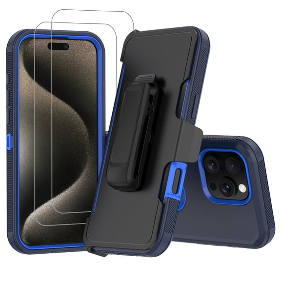 Hotpom Case for iPhone 16 Pro Heavy Duty Shockproof Dustproof Phone Case with Screen Protector Tempered Glass & Belt Clip, Dark Blue/ Blue