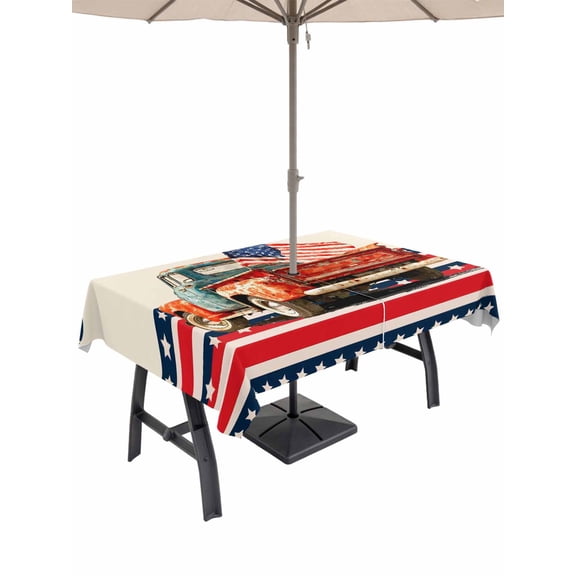 Outdoor Tablecloth with Umbrella Hole for Patio/Picnic/Party/Camping, Vintage Truck 4th of July Waterproof Table Cloth Rectangle Table Cover Washable, Blue Star Red Striped (60"x 102")