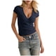 thumbnail image 2 of Tops de Manga Corta de las Mujeres de Color Sólido Cuello Redondo Set de Manga Corta Blusas de Cuello en V, 2 of 6