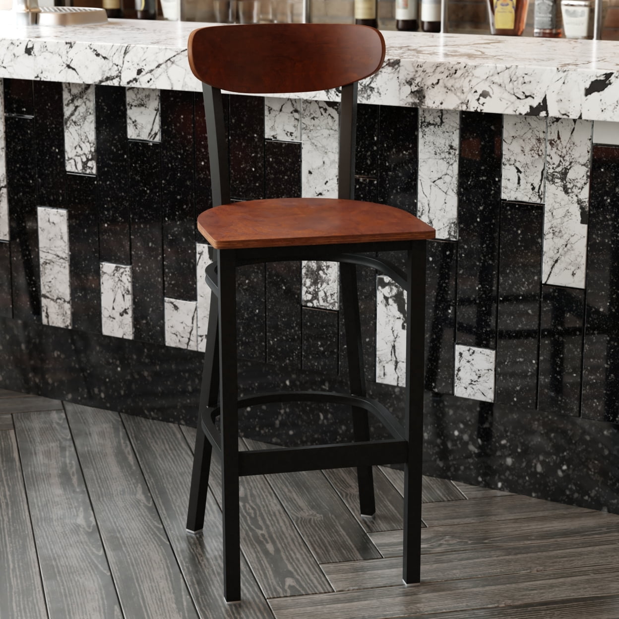 Flash Furniture Wright 29.75"H Square Full Back Restaurant Dining Barstool, Walnut (Set of 2)