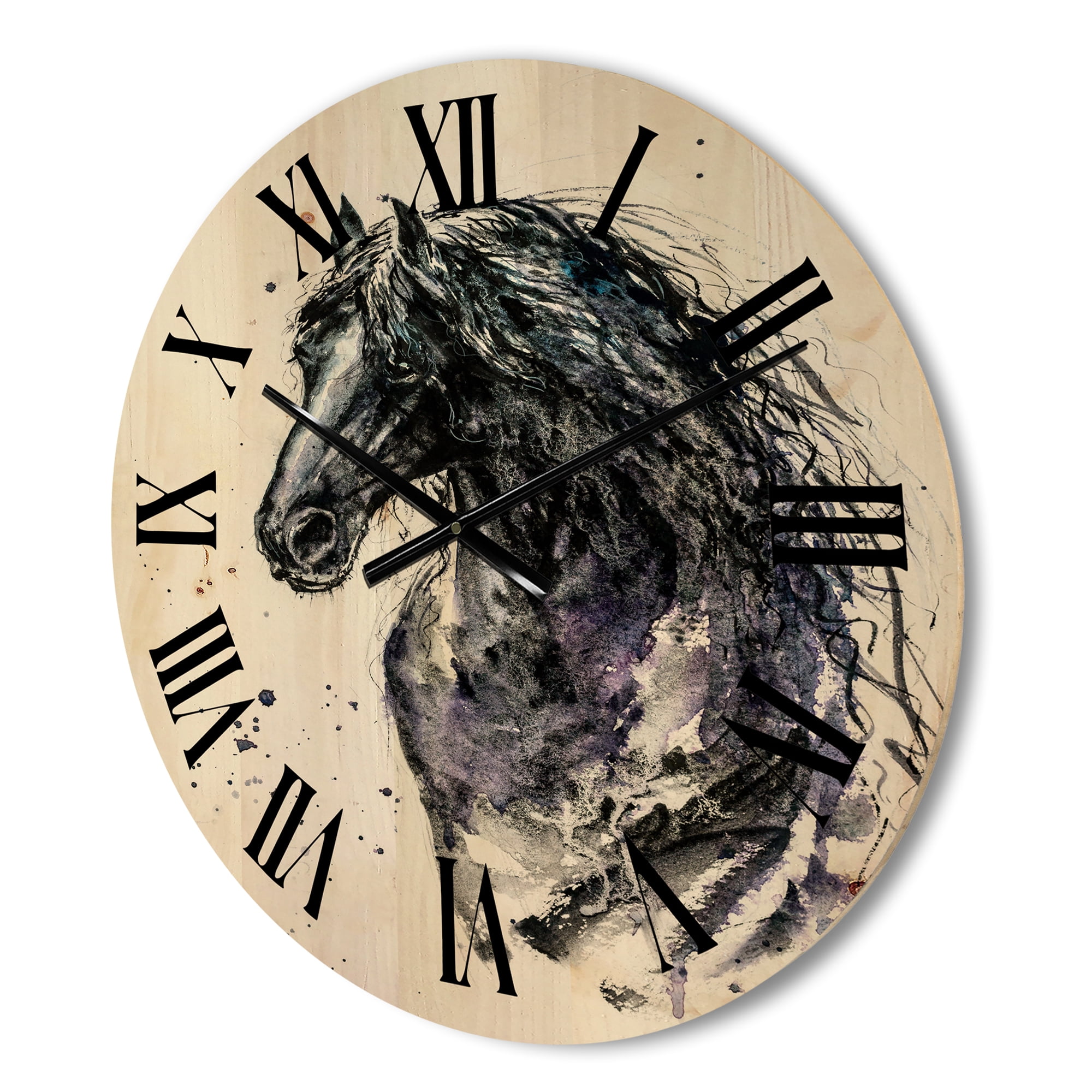 Designart 'Close Up of Friesian Horse With Long Manes' Farmhouse Wood Wall Clock