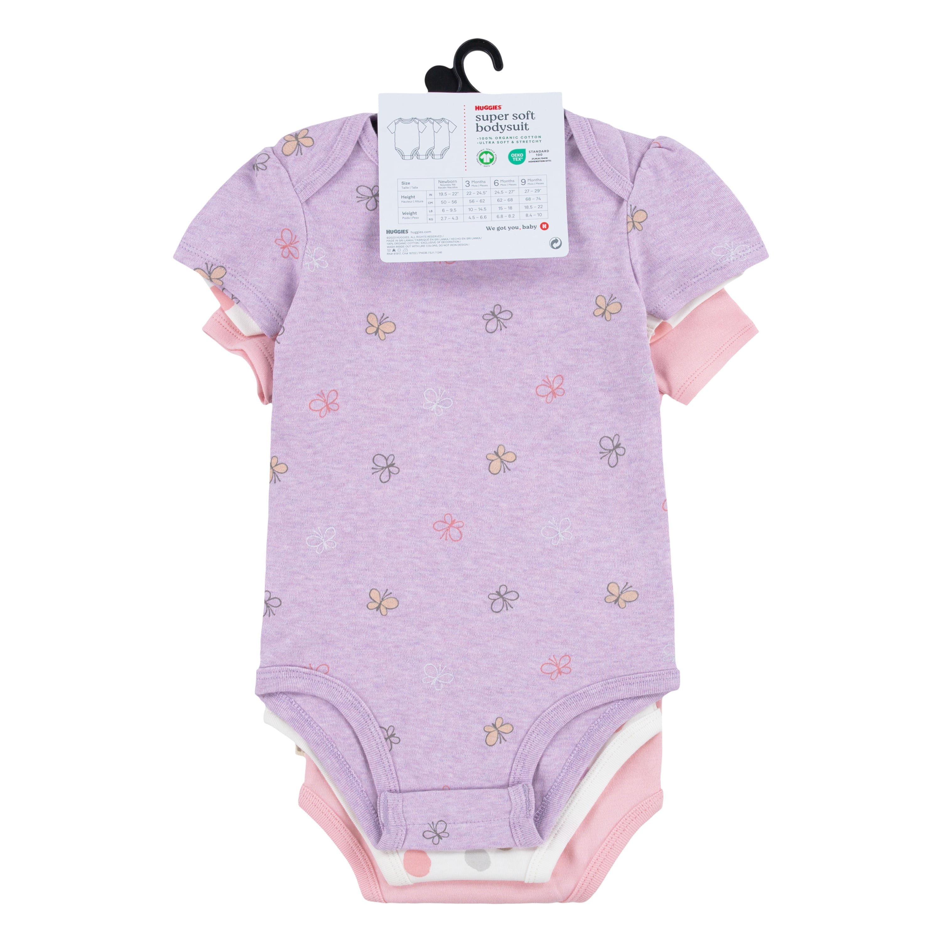 Huggies Baby Girls Butterfly 3 Pack Organic Cotton Bodysuits, Sizes NB-24M