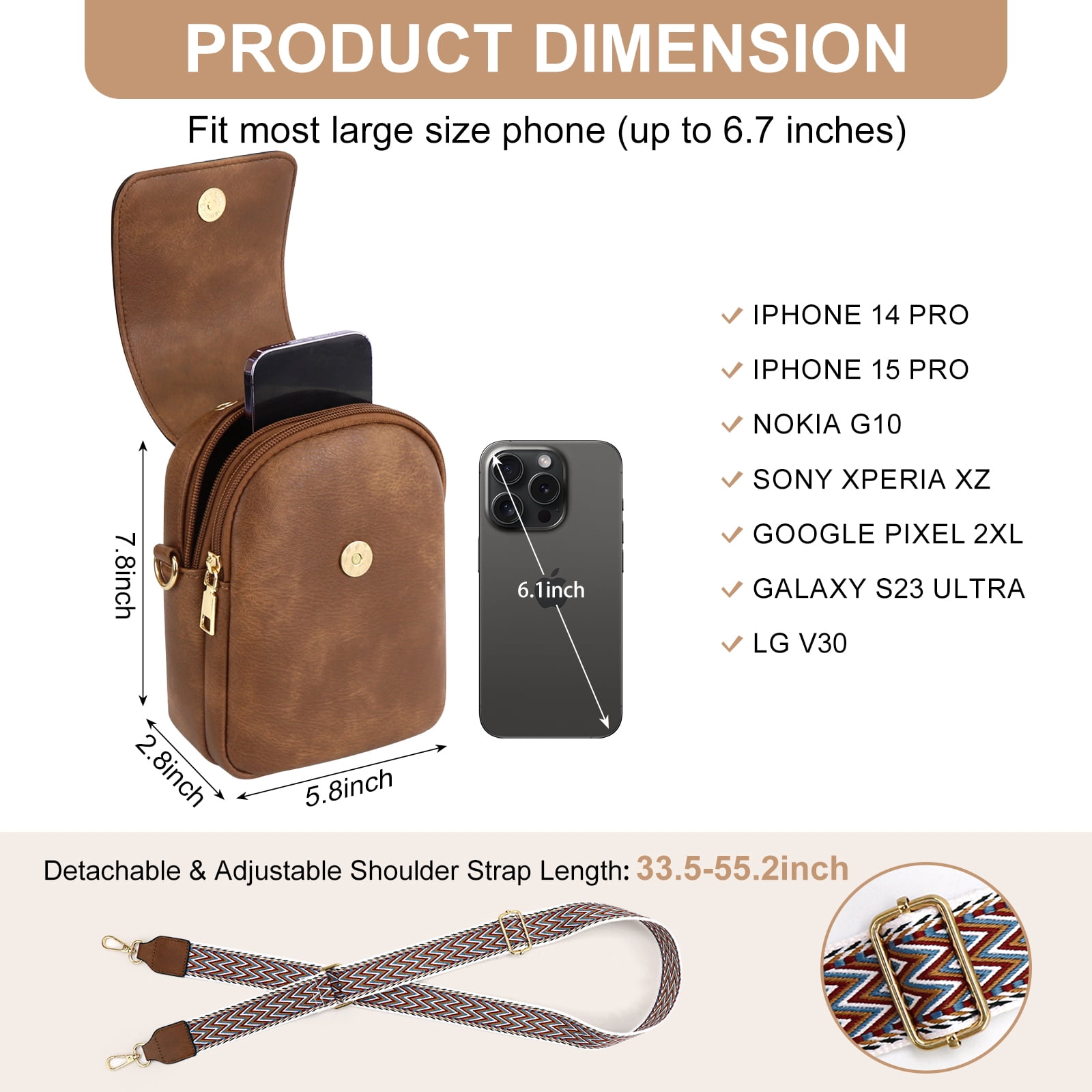 Crossbody Bags for Women, XUEYU Small Shoulder Handbags, Crossbody Purse for Women with Detachable & Adjustable Guitar Strap, Fashionable Shoulder Bag Double Compartment & Back Zipper Pocket, Brown
